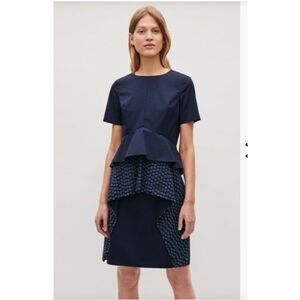 COS Peplum Eyelet Dress cotton navy blue short sleeves knee length Size 38 Small